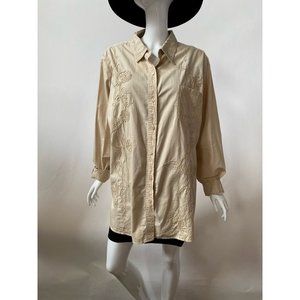 Cascade Blue Womens Button Down Shirt Beige Floral Embroidered Pocket Plus 2X